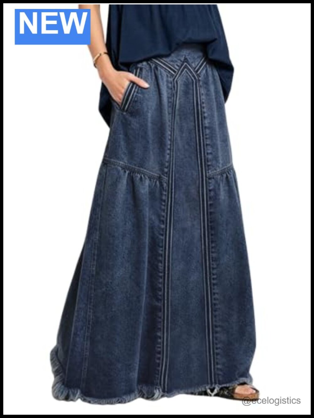 High Waist Frayed A-Line Maxi Denim Skirt with Pockets